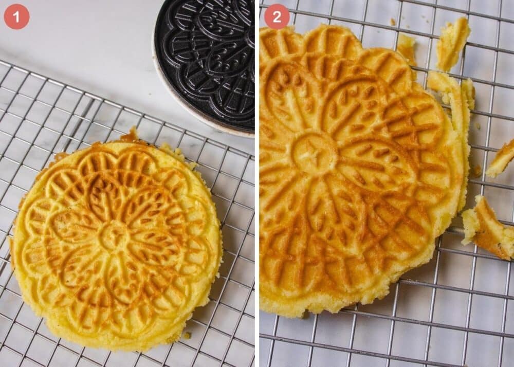 in process shots of keto pizzelle recipe first is fresh from the pizzelle iron and second is the process of removing the edges to make it clean