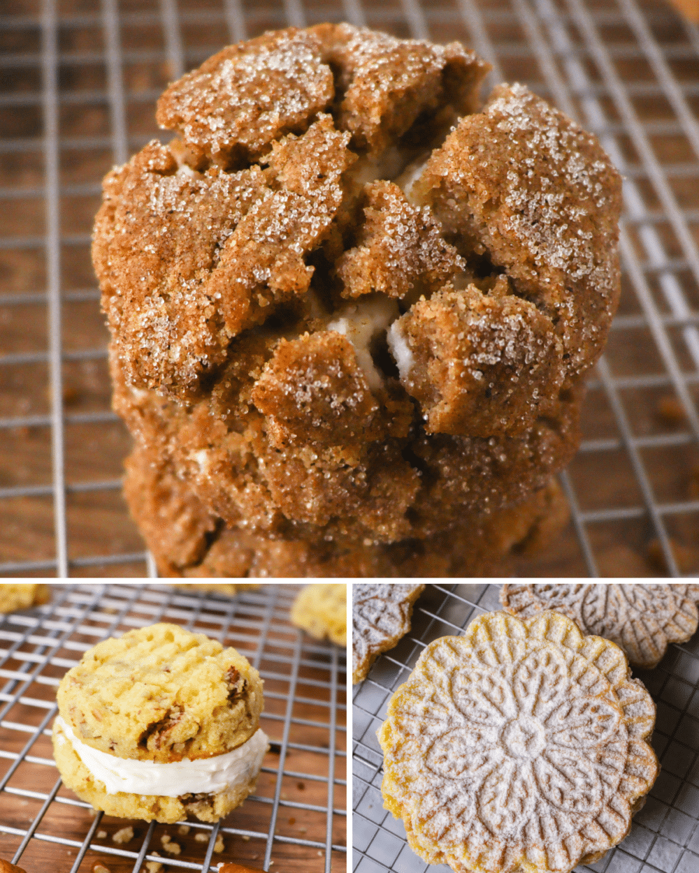 a collage of 3 keto cookies including keto gingerbread cheesecake cookies, keto pizzelle, and keto pecan cookies with cream cheese filling