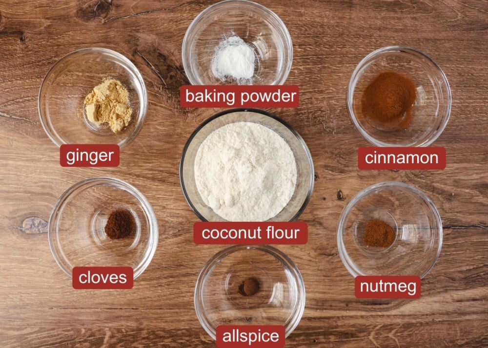 overhead shot of ingredients for the dry ingredients of the gingerbread cookie dough that makes up the Keto Gingerbread Cheesecake Cookies