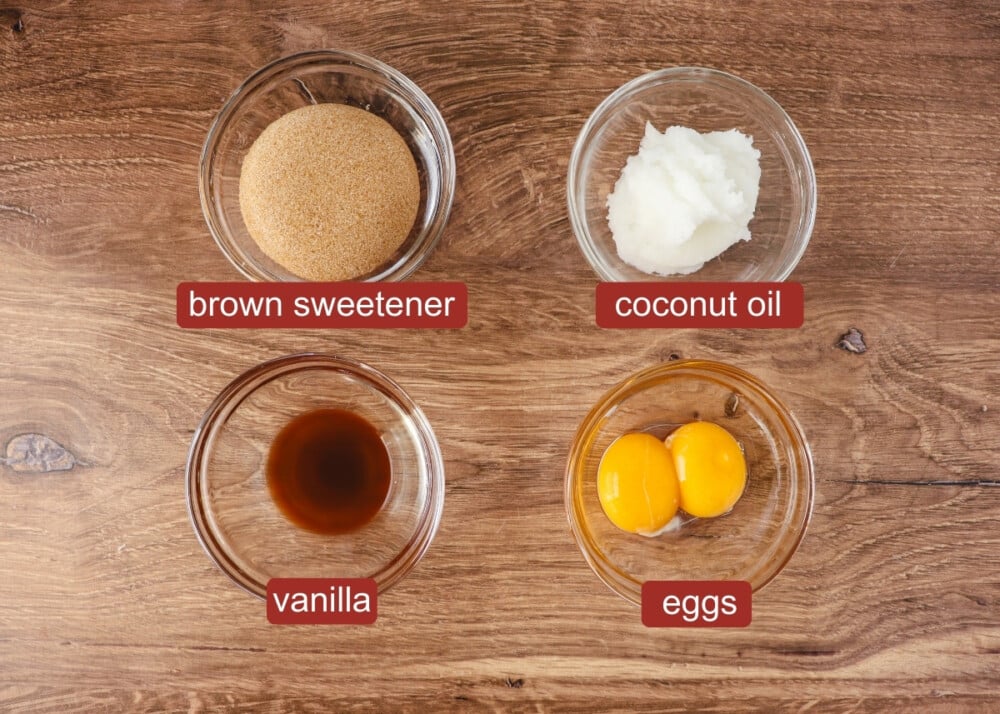 overhead shot of ingredients for the wet ingredients of the gingerbread cookie dough that makes up the Keto Gingerbread Cheesecake Cookies