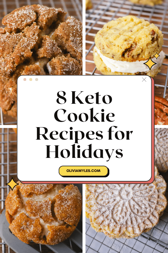 a pinterest collage of 4 keto cookies including keto gingerbread cheesecake cookies, keto pizzelle, keto pumpkin cheesecake cookies, and keto pecan cookies with cream cheese filling