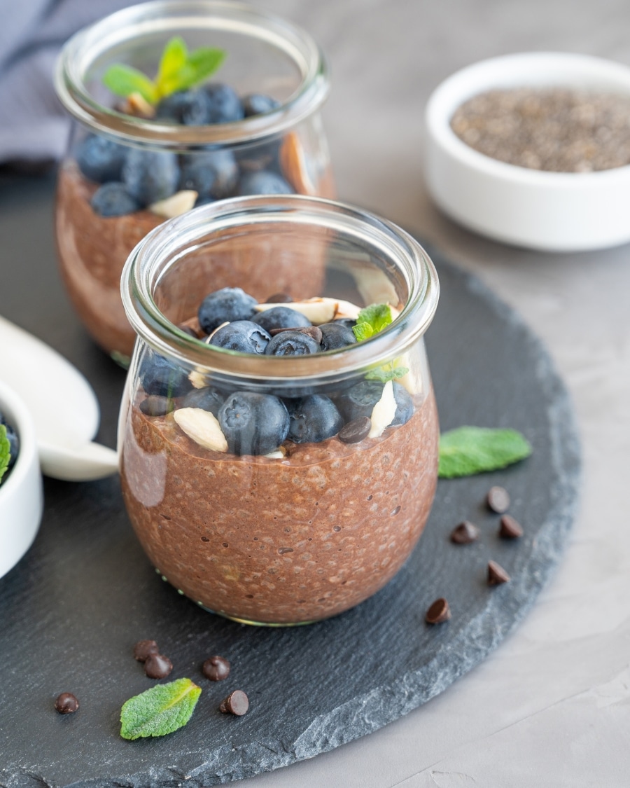 Anti-Inflammatory Chocolate chia seed pudding topped with blueberries
