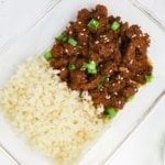 keto korean beef in a glass meal prep container with cauliflower rice