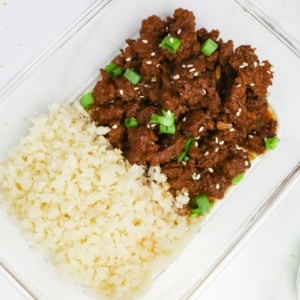 keto korean beef in a glass meal prep container with cauliflower rice