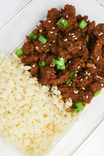 keto korean beef in a glass meal prep container with cauliflower rice