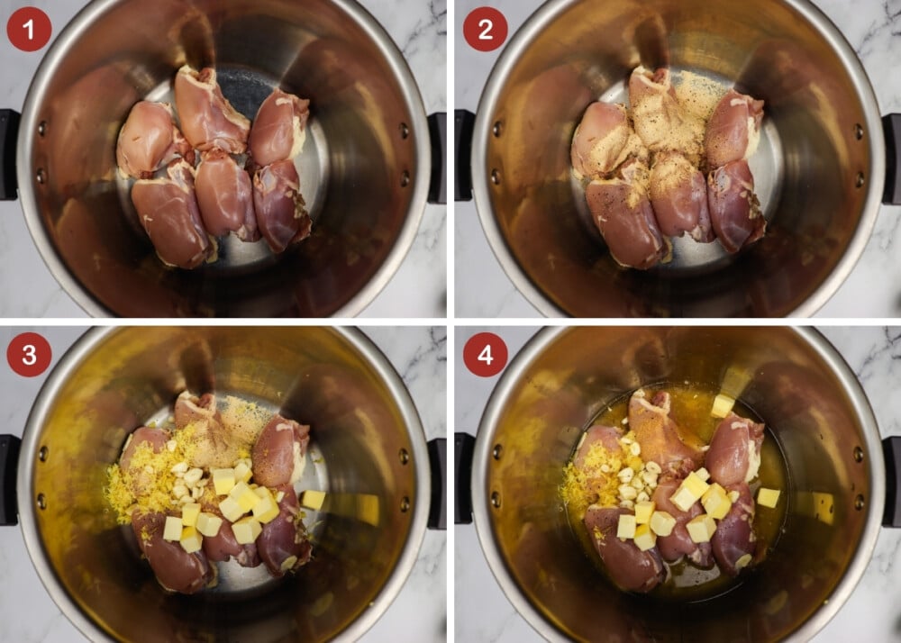 Overhead in process shots of each step of putting chicken thighs and the rest of ingredients in Instant Pot