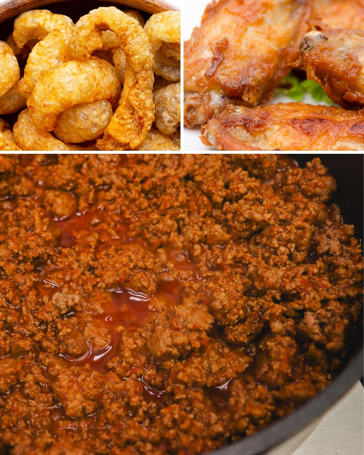 high protein zero carb foods like pork rinds, chicken wings, and ground beef