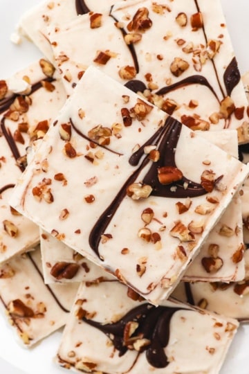 Frozen Cottage Cheese Bark squares on a plate