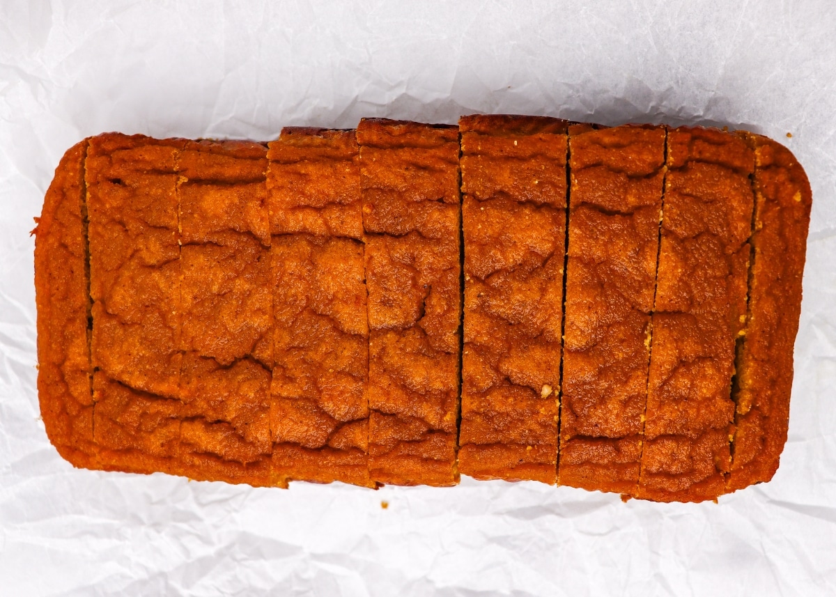 Sliced Keto Pumpkin Bread full overhead shot