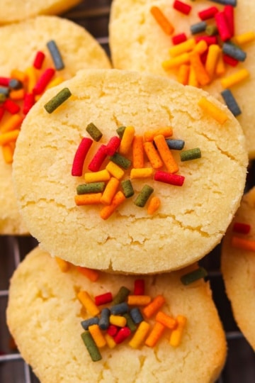 3 ingredient coconut flour sugar-free cookies with rainbow sprinkles on a cookie sheet