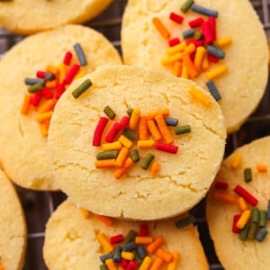 3 ingredient coconut flour sugar-free cookies with rainbow sprinkles on a cookie sheet