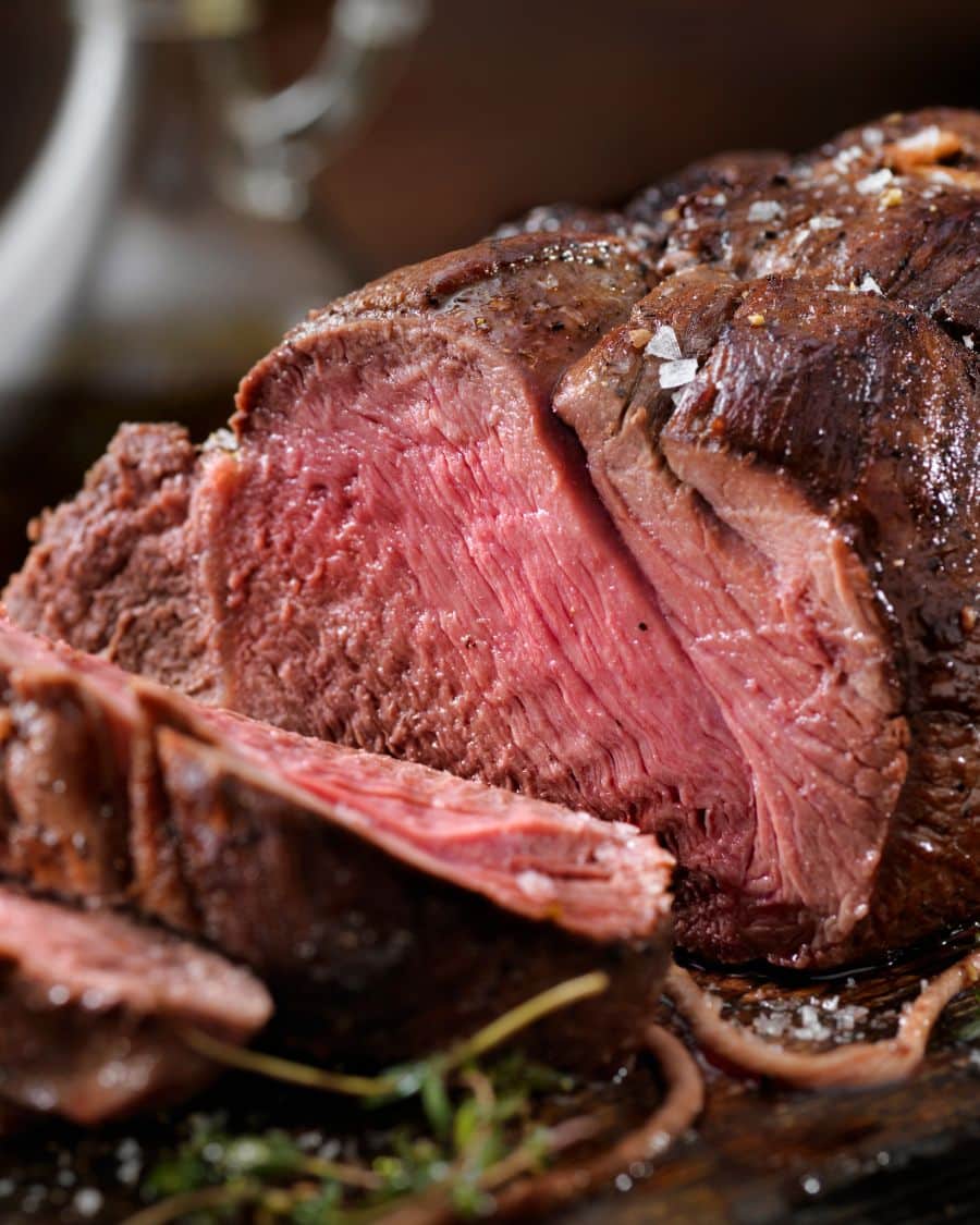 chuck roast sliced with pink in the middle