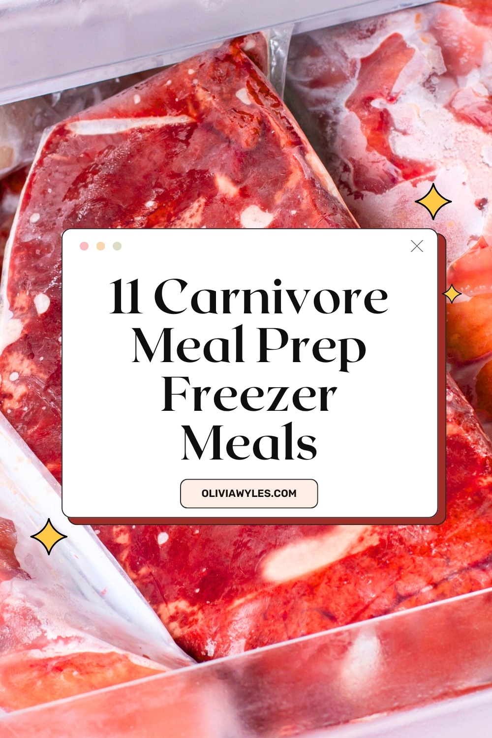 meat in a freezer in freezer bags with text that reads 11 Carnivore Meal Prep Freezer Meals