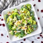 Low Carb Broccoli Salad in a bowl with cranberries scattered