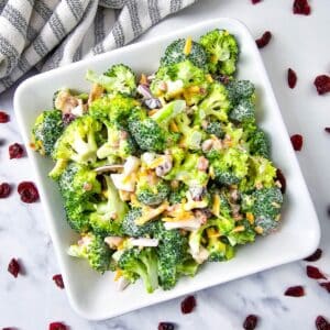 Low Carb Broccoli Salad in a bowl with cranberries scattered