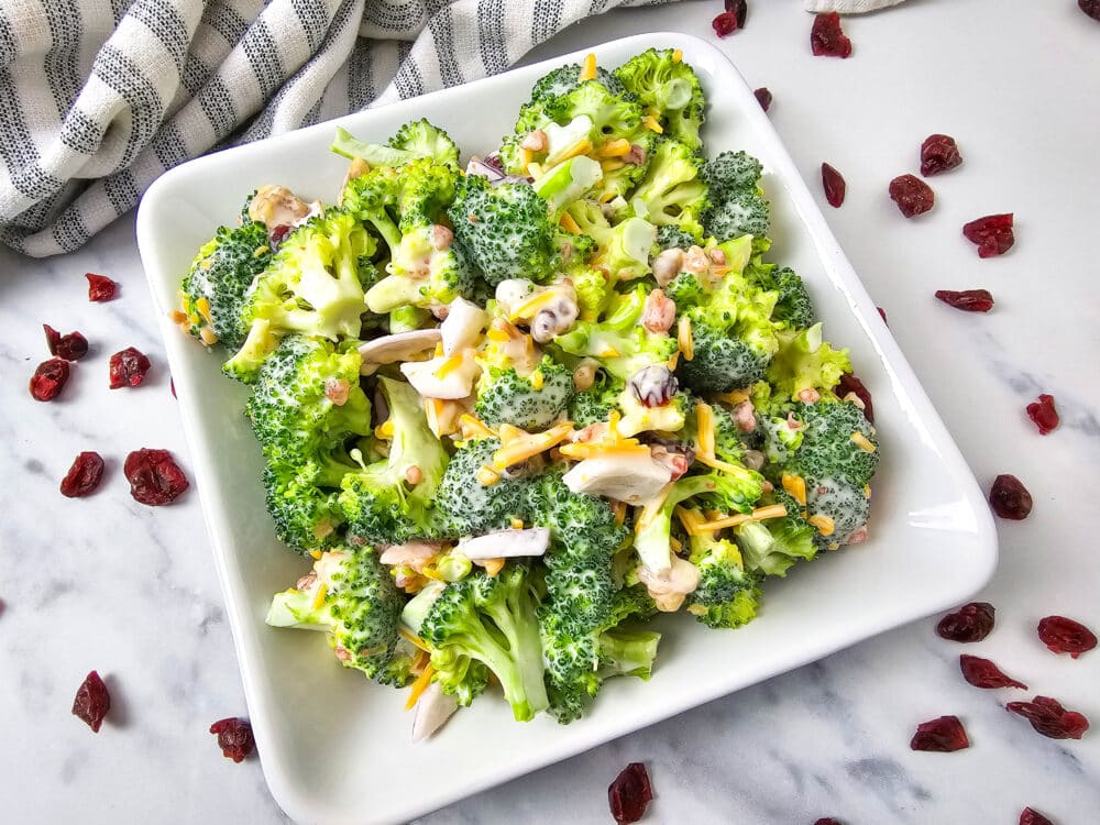 side view of low carb broccoli salad