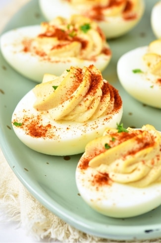 close up of deviled eggs