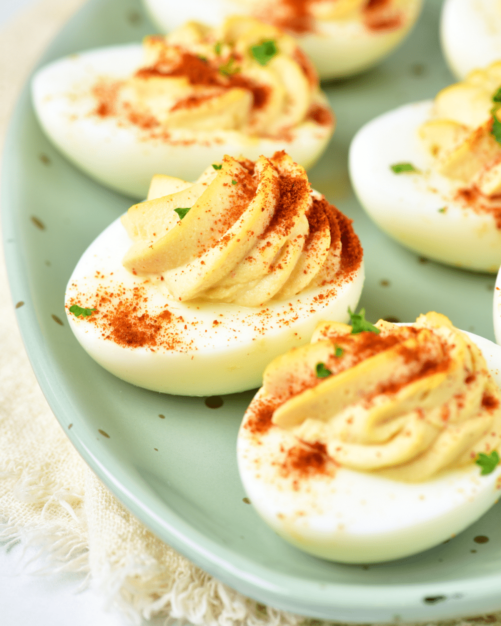 closeup of deviled eggs on plate