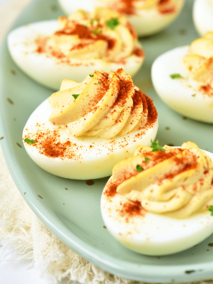 closeup of deviled eggs on plate