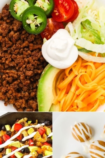 a collage of high protein recipes like taco bowls, pork rind nachos, cinnamon roll energy bites