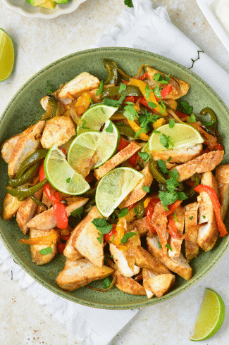 Easy Chicken Fajitas in a bowl overhead shot
