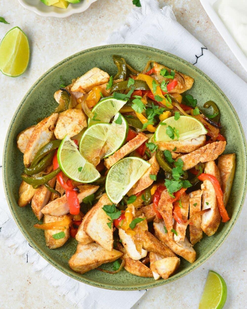 Easy Chicken Fajitas in a bowl overhead shot