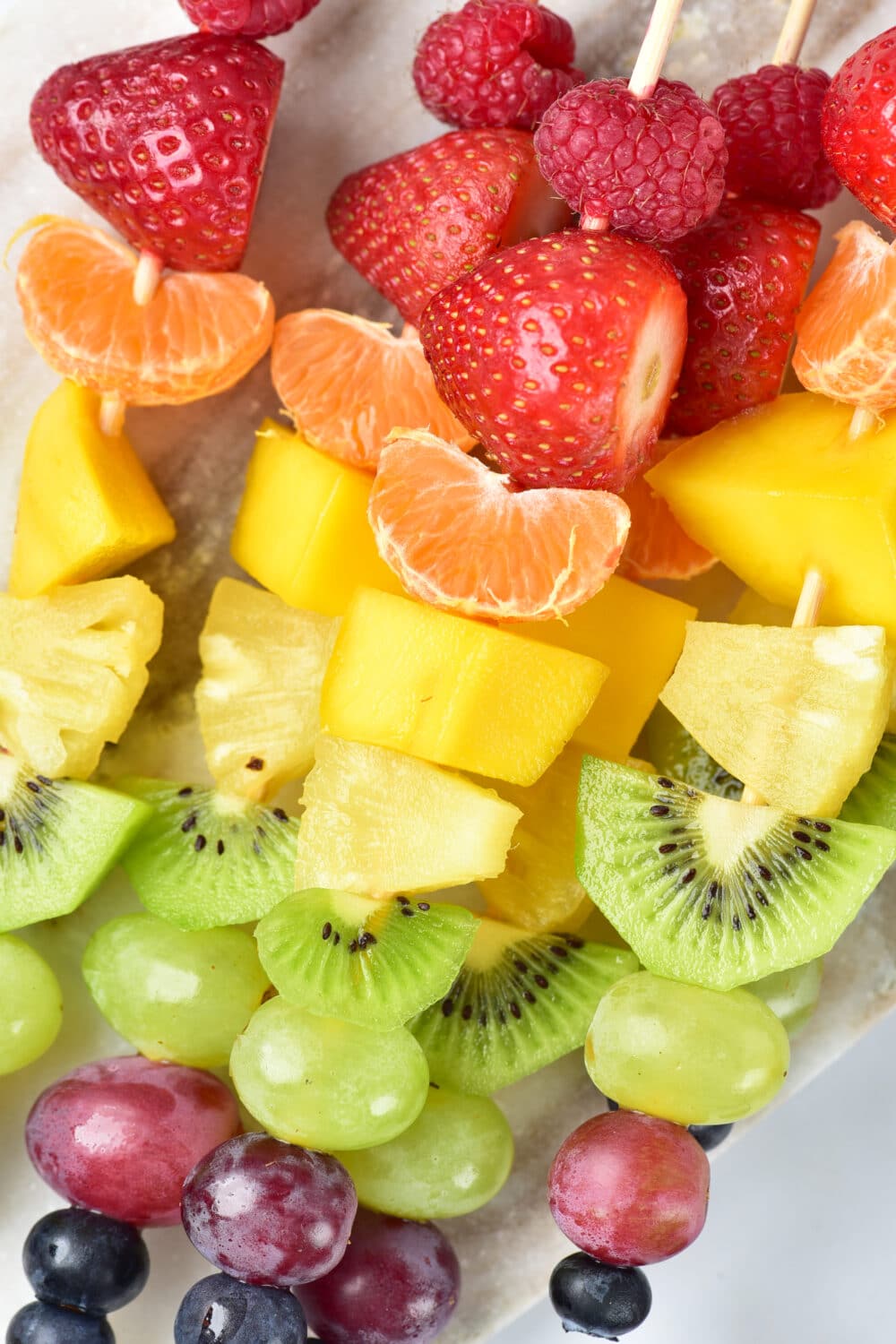 close up of Easy Rainbow Fruit Skewers