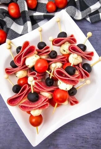 overhead view of Keto Antipasto Skewers