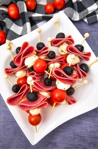 overhead view of Keto Antipasto Skewers