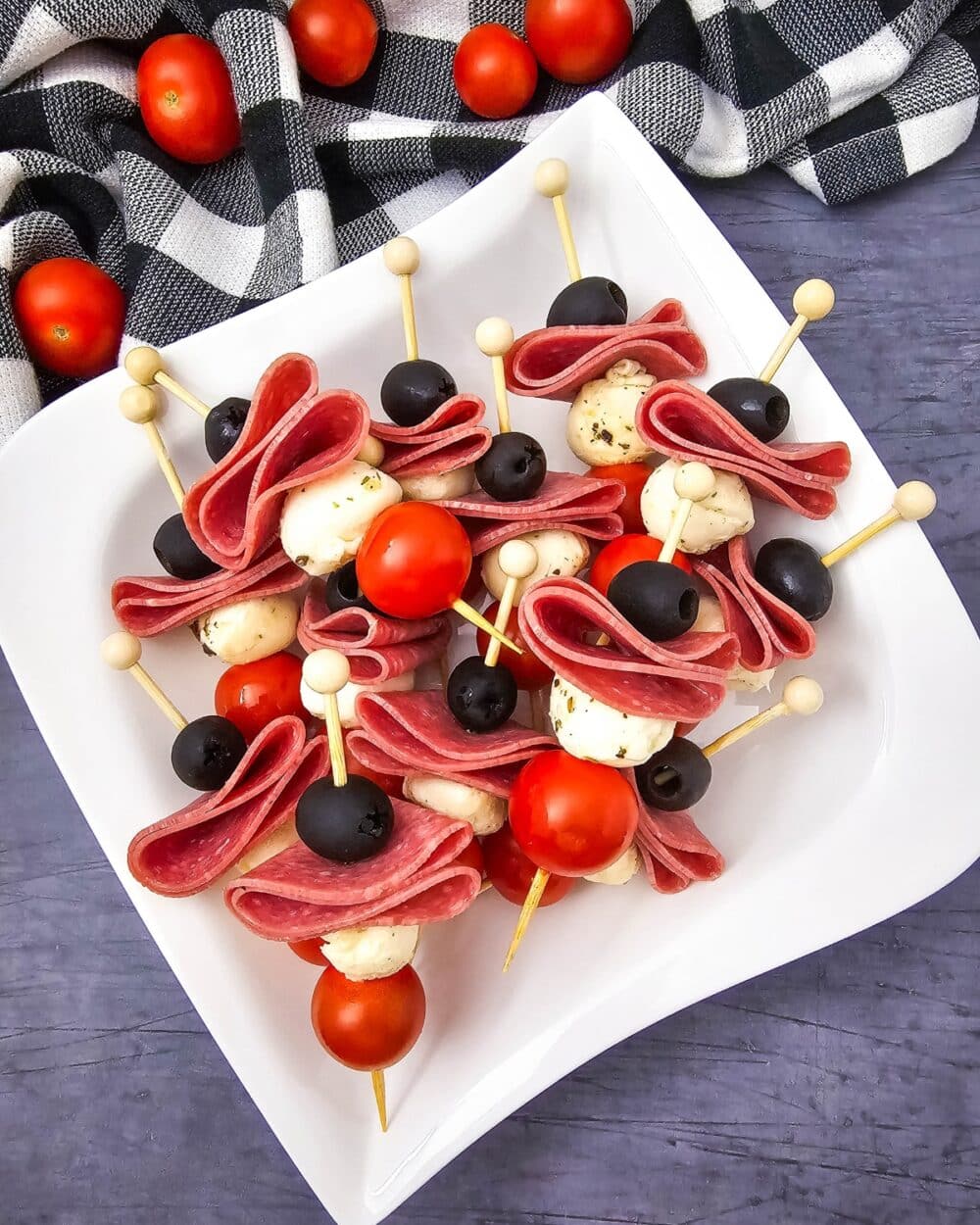 overhead view of Keto Antipasto Skewers