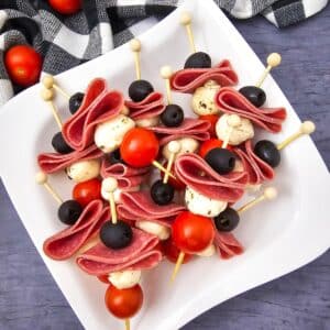 overhead view of Keto Antipasto Skewers