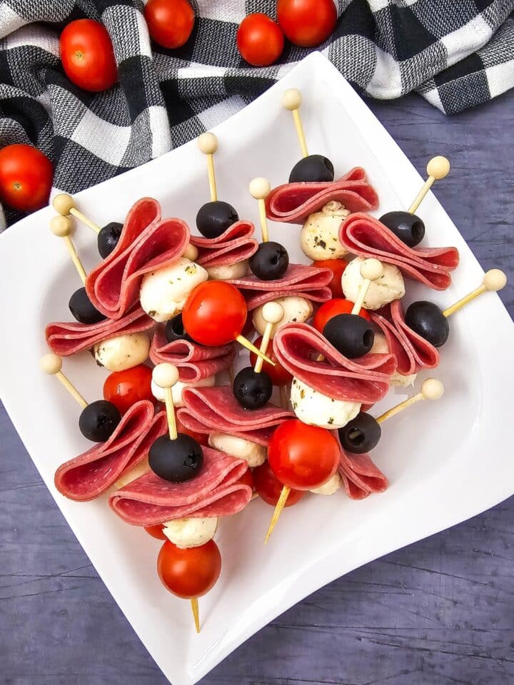 overhead view of Keto Antipasto Skewers