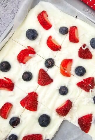 yogurt bark on a pan with piece taken out