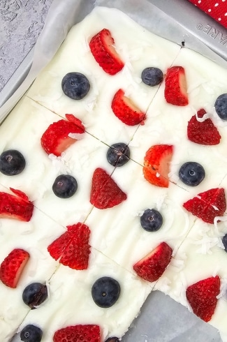 yogurt bark on a pan with piece taken out