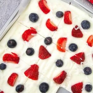 yogurt bark on a pan with piece taken out