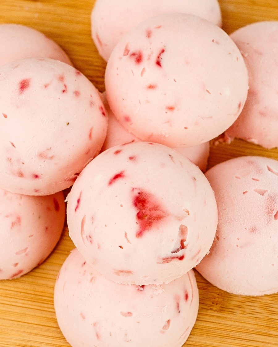 close-up of Keto Strawberry Ice Cream Bites on cutting board