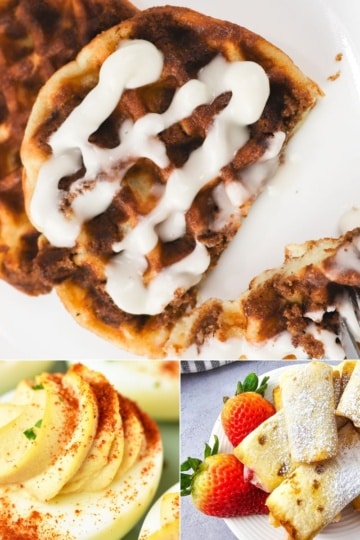 a collage of low carb bunch ideas like cinnamon waffles, deviled eggs, and strawberry roll-ups