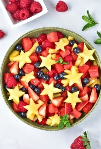 fruit salad in a bowl overhead shot
