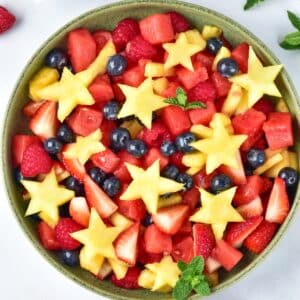 fruit salad in a bowl overhead shot