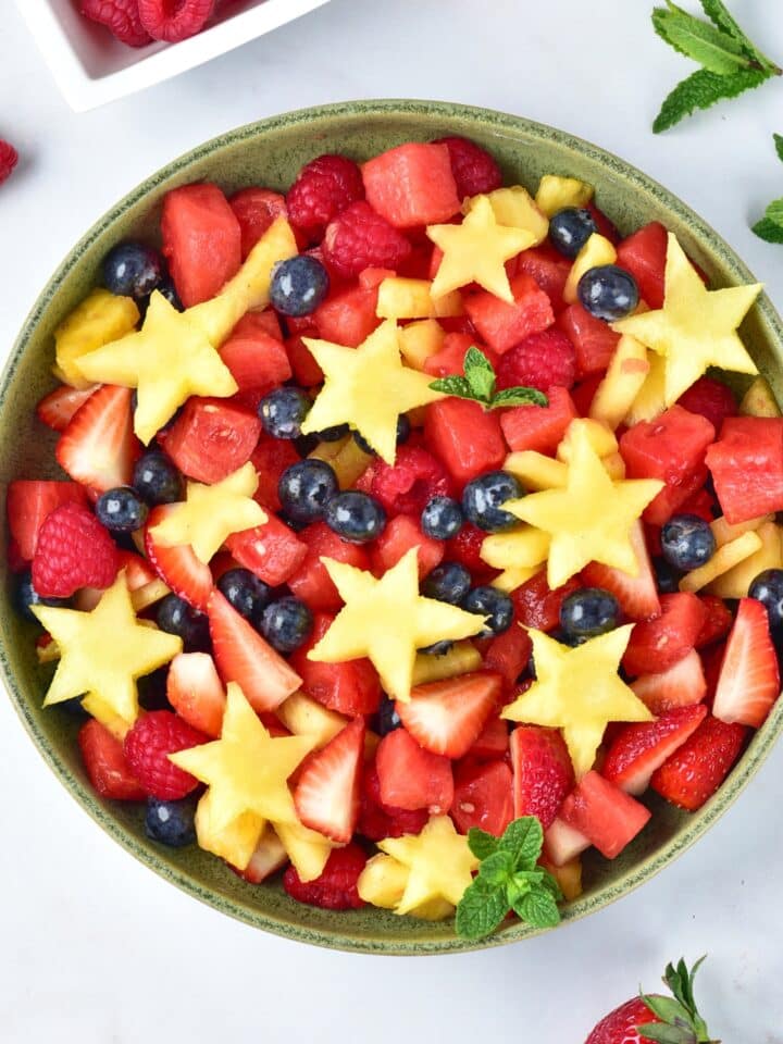 fruit salad in a bowl overhead shot