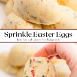 easter eggs made with white chocolate and sprinkles on a plate, and a cross-section of one egg being held