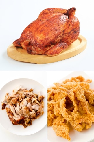 roasted chicken, chicken skins, and shredded chicken