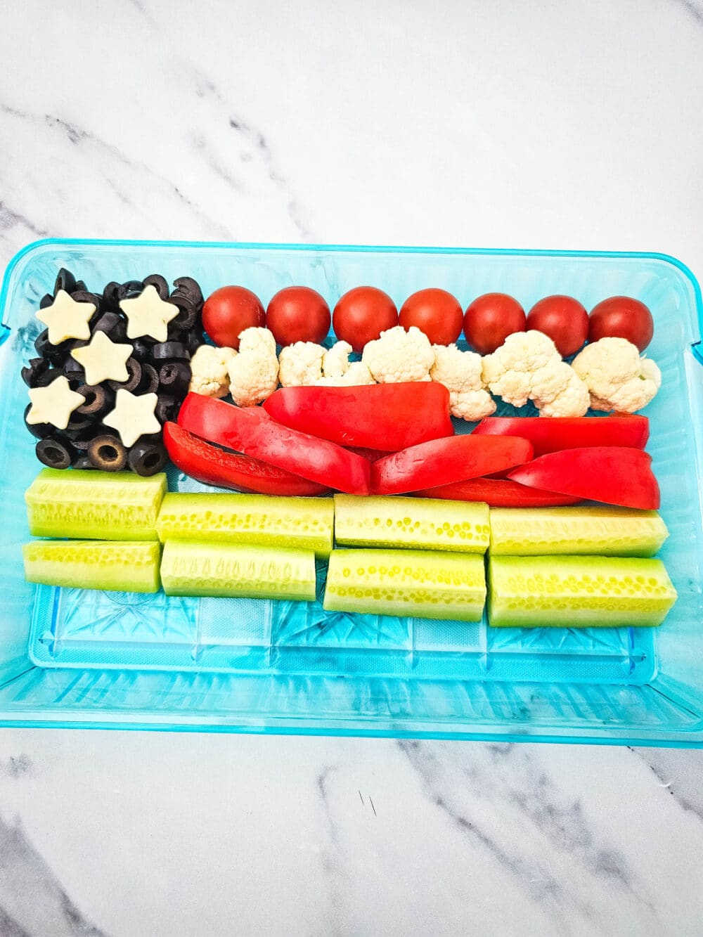 lining tray with vegetables to look like an American flag