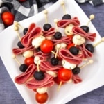 overhead view of Keto Antipasto Skewers on a white plate and blue background
