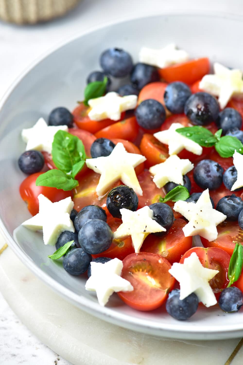 side view of Low Carb Fourth of July Caprese Salad