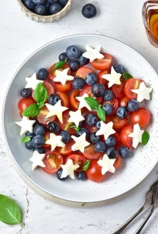 overhead view of Low Carb Fourth of July Caprese Salad