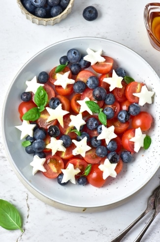 overhead view of Low Carb Fourth of July Caprese Salad