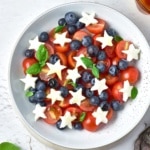 overhead view of Low Carb Fourth of July Caprese Salad in white bowl