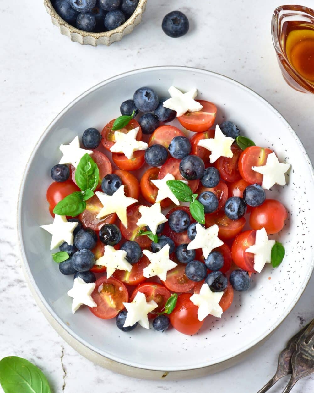 overhead view of Low Carb Fourth of July Caprese Salad