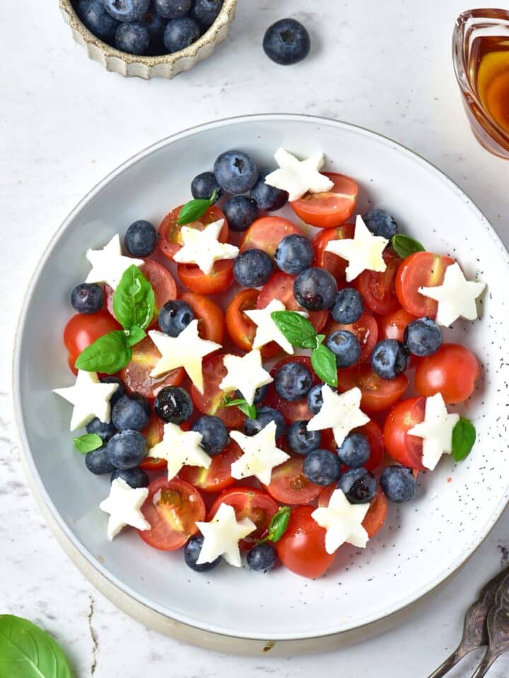 overhead view of Low Carb Fourth of July Caprese Salad